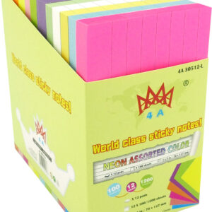 4A Sticky Notes,3 x 5 Inches,Neon Assorted,Lined,12 Colors,Self-Stick Notes,100 Sheets/Pad,12 Pads/Pack,4A 30512-L